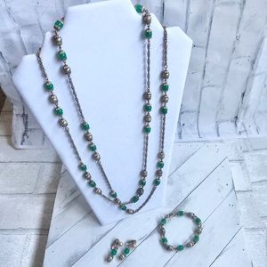 Vintage Celebrity faux pearl and jade jewelry set necklace, earrings, bracelet